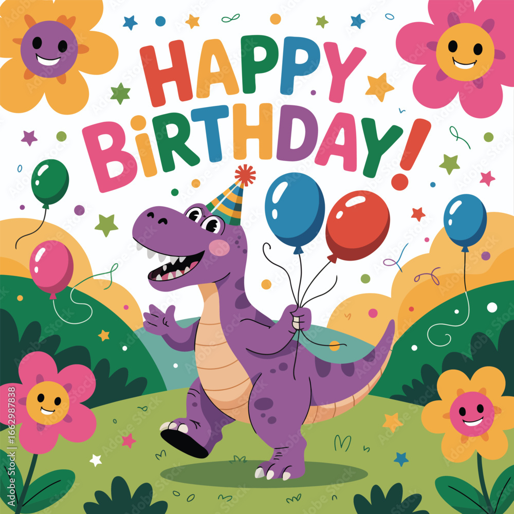 Fototapeta premium Happy birthday greeting with a purple dinosaur and smiling flowers celebration T-Rex