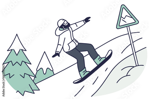 Snowboarder ignoring avalanche warning signs, modern flat illustration style