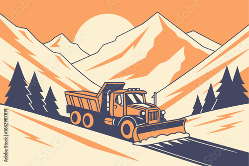 Snowplow clearing a frosty mountain road at sunrise, winter resilience feel