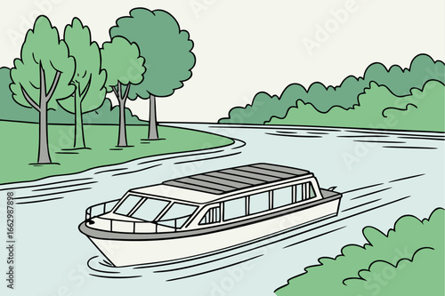 Solar-powered boat gliding across quiet bay, renewable energy lifestyle