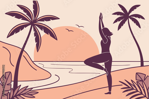 Sunrise yoga on a Bali beach with palm trees and gentle waves, modern flat illustration style