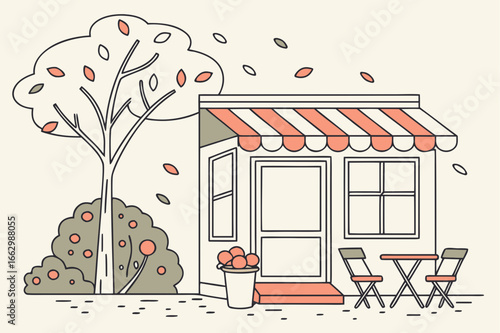 Tiny village café with outdoor seating and potted flowers, modern flat illustration style.