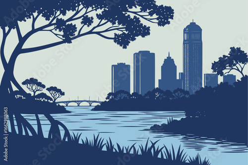 Tampa skyline at twilight with Hillsborough Bay still and reflective, framed by mangroves and evening sky gradients, modern flat illustration style.