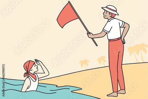 Swimmer ignoring lifeguard’s warning flag, modern flat illustration style