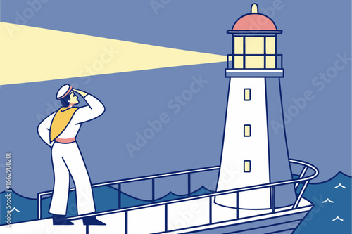 Sailor ignoring a lighthouse’s hazard light, modern flat illustration style