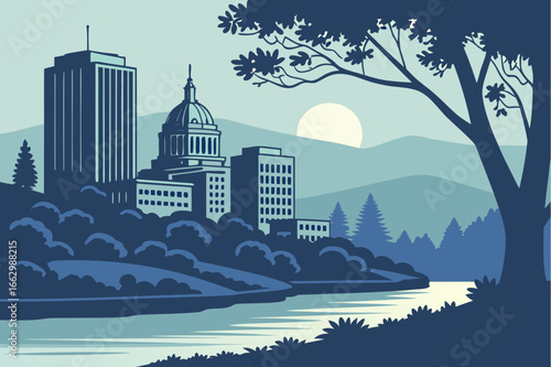 San Jose skyline at twilight with a reservoir still and reflective, framed by hills and evening sky gradients, modern flat illustration style.