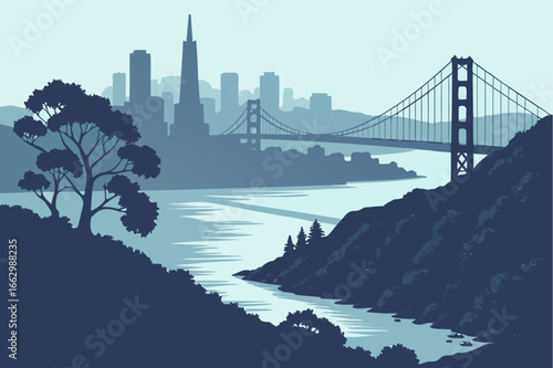 San Francisco skyline at twilight with the bay still and reflective, framed by coastal hills and evening sky gradients, modern flat illustration style.