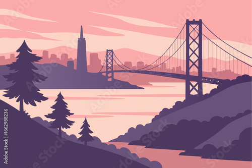 San Francisco skyline at twilight with the bay still and reflective, framed by coastal hills and evening sky gradients, modern flat illustration style.