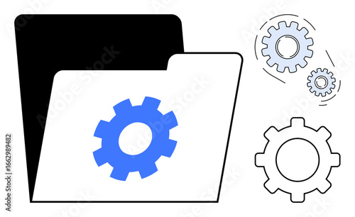 File folder with blue gear symbol, alongside two separate cogwheel icons. Ideal for settings, configuration, file management, integration, automation, document organization technical tools. Simple