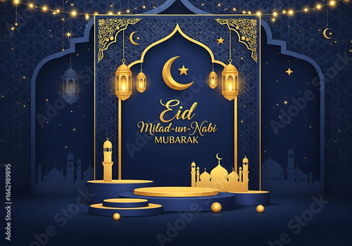 Eid miladunnabi mubarak celebration with golden mosque and lantern design