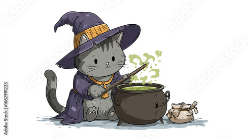 A whimsical cat in a witch's outfit mixes a vibrant potion in a cauldron under enchanting magic Generative AI