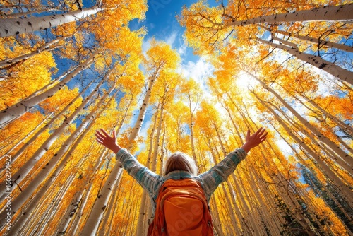 Adventurous child raising arms amidst tall golden yellow autumn trees under vibrant blue sky, exploring nature and celebrating fall foliage in a forest