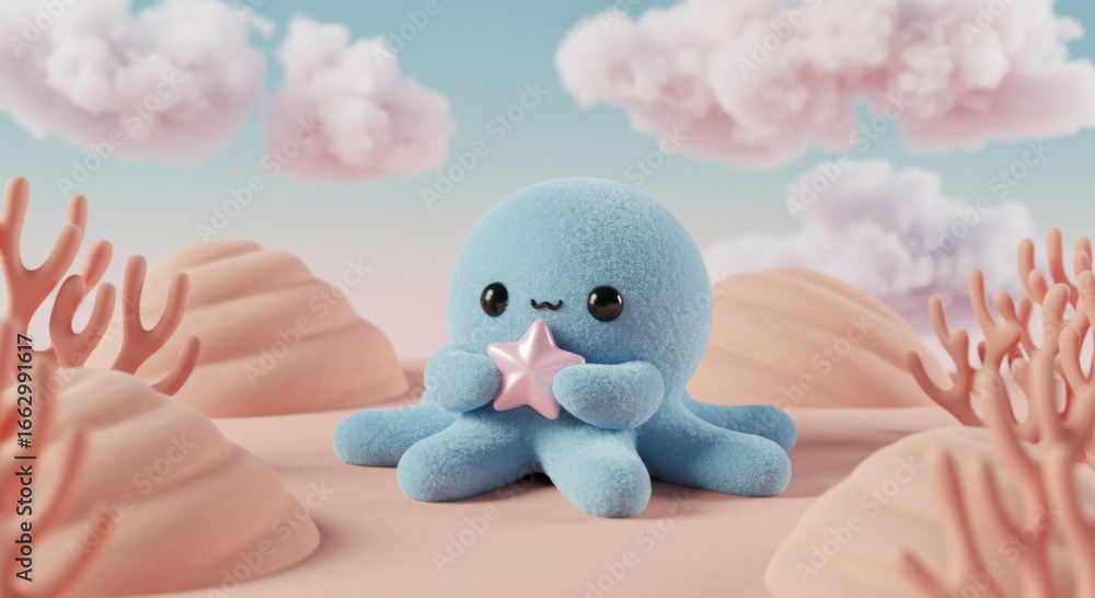 Fototapeta premium Adorable Blue Octopus Holding Pink Starfish with Coral and Cloudy Sky Background