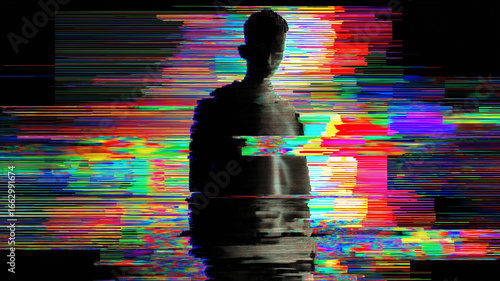 A distorted silhouette amid colorful glitches challenges perception and reality Generative AI