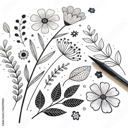 Midnight Bloom Floral Art, Bold Botanical Vector Design, Contemporary Garden Illustration
