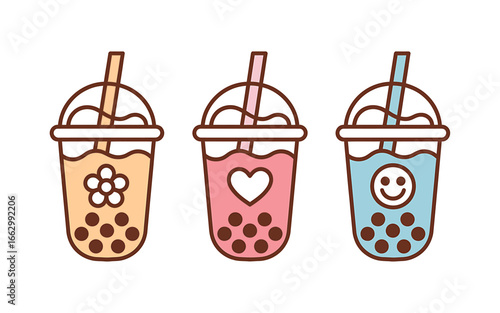 Cute bubble tea vector illustration collection of three colorful boba drinks with different flavors and designs on a white background
