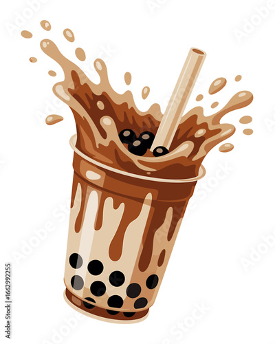 Refreshing Boba Milk Tea with Tapioca Pearls in a Plastic Cup Exploding with Flavorful Goodness