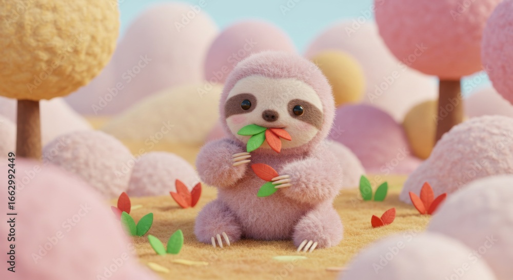 Fototapeta premium Cartoon Sloth Eating Leaves in a Pink Themed Forest Rendered with Furry Texture and Soft Lighting