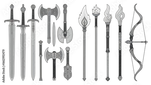 Medieval Weaponry Collection Swords Axes Torches and Bow in Detailed Illustration Style Fantasy Combat Equipment Concept