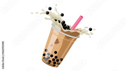 Delicious Boba Milk Tea with Tapioca Pearls and Pink Straw in MidSplash Against Clean White Background