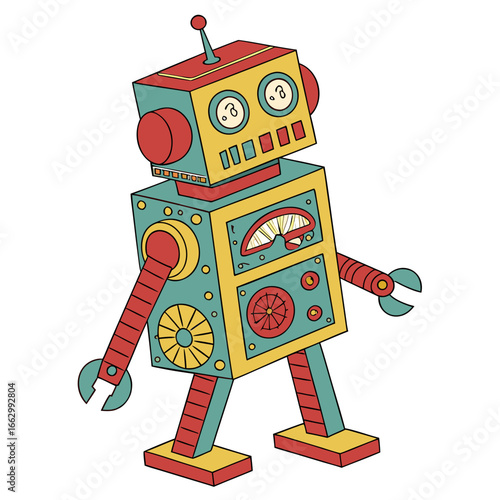 A charming retro style robot character with a teal body yellow accents and red details standing against a white background