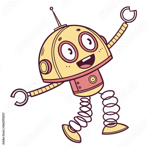 A cheerful cartoon robot with a yellow head and pink body is joyfully dancing with its arms outstretched and springy legs
