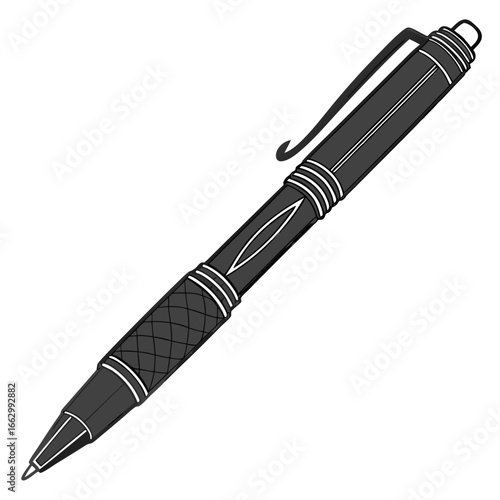 A detailed illustration of a classic black ballpoint pen with a silver clip and decorative rings on a white background