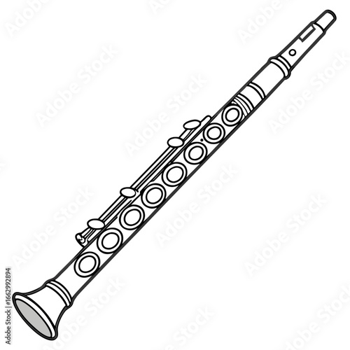 A detailed black and white line drawing illustration of a classical woodwind musical instrument the clarinet on a white background