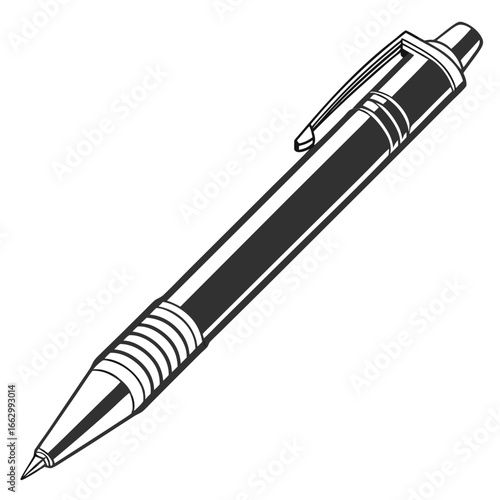 A simple black and white illustration of a classic ballpoint pen with a clip and textured grip