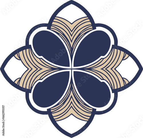 Symmetrical floral-like design with four navy petals and beige accents, outlined in navy, against a white background.