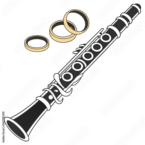 A musical duet of love and harmony represented by a clarinet and wedding rings symbolizing marriage