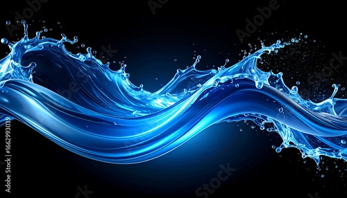 Dynamic blue water splashes and waves against a dark background