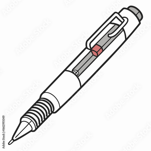 A simple line drawing illustration of a modern ballpoint pen with a silver clip and a red hexagonal detail