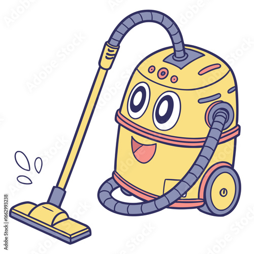 Cheerful cartoon character vacuum cleaner with a happy face cleaning up dust particles with its nozzle