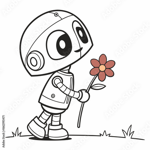 Cute cartoon robot character walking and holding a single flower with a happy expression on its face