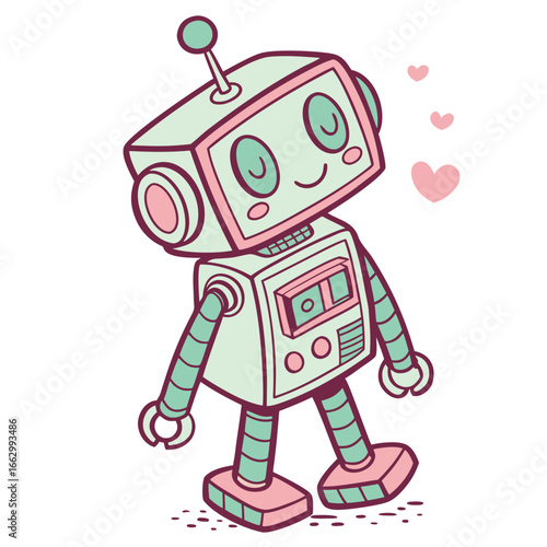 Cute cartoon robot with pastel colors and hearts floating around its head expressing affection and love
