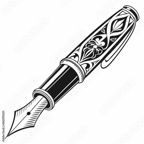 Elegant black and white illustration of a vintage ornate fountain pen with a detailed nib and decorative cap