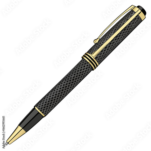 Elegant black rollerball pen with intricate textured barrel and luxurious gold accents and clip isolated on white background