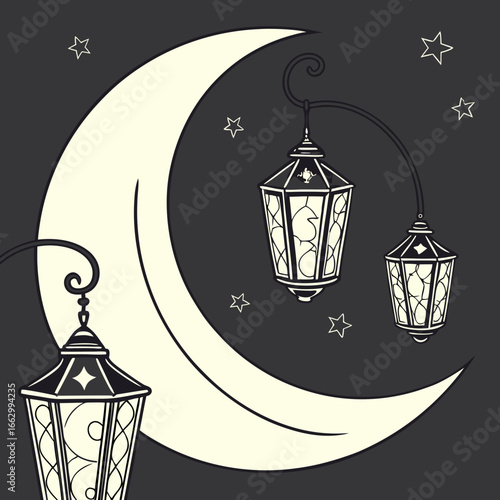 Stylized crescent moon with hanging lanterns and stars on a dark background