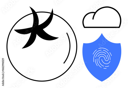 Globe with abstract global icon, blue shield with fingerprint, and outlined cloud above. Ideal for cybersecurity, cloud protection, data privacy, digital identification, global connectivity, tech