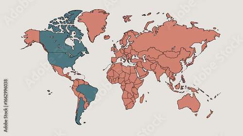 World Map Illustration in Two Colors Displaying Global Presence and Geographic Divisions for Business and Educational Purposes Depicting International Relations