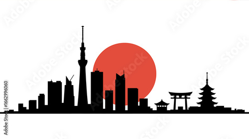 Tokyo Skyline Silhouette with Rising Sun Flag Symbolism Vector Art Illustration Japan Travel and Tourism Imagery