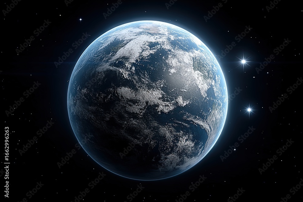 Obraz premium Stunning view of Earth illuminated by starlight with vibrant atmospheric clouds showcasing the celestial wonder and harmony of our planet in the vastness of the universe
