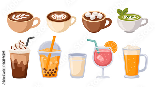 Selection of Beverages Including Coffee Tea Bubble Tea and Cocktails for Drink Menus and Food Blogging Content
