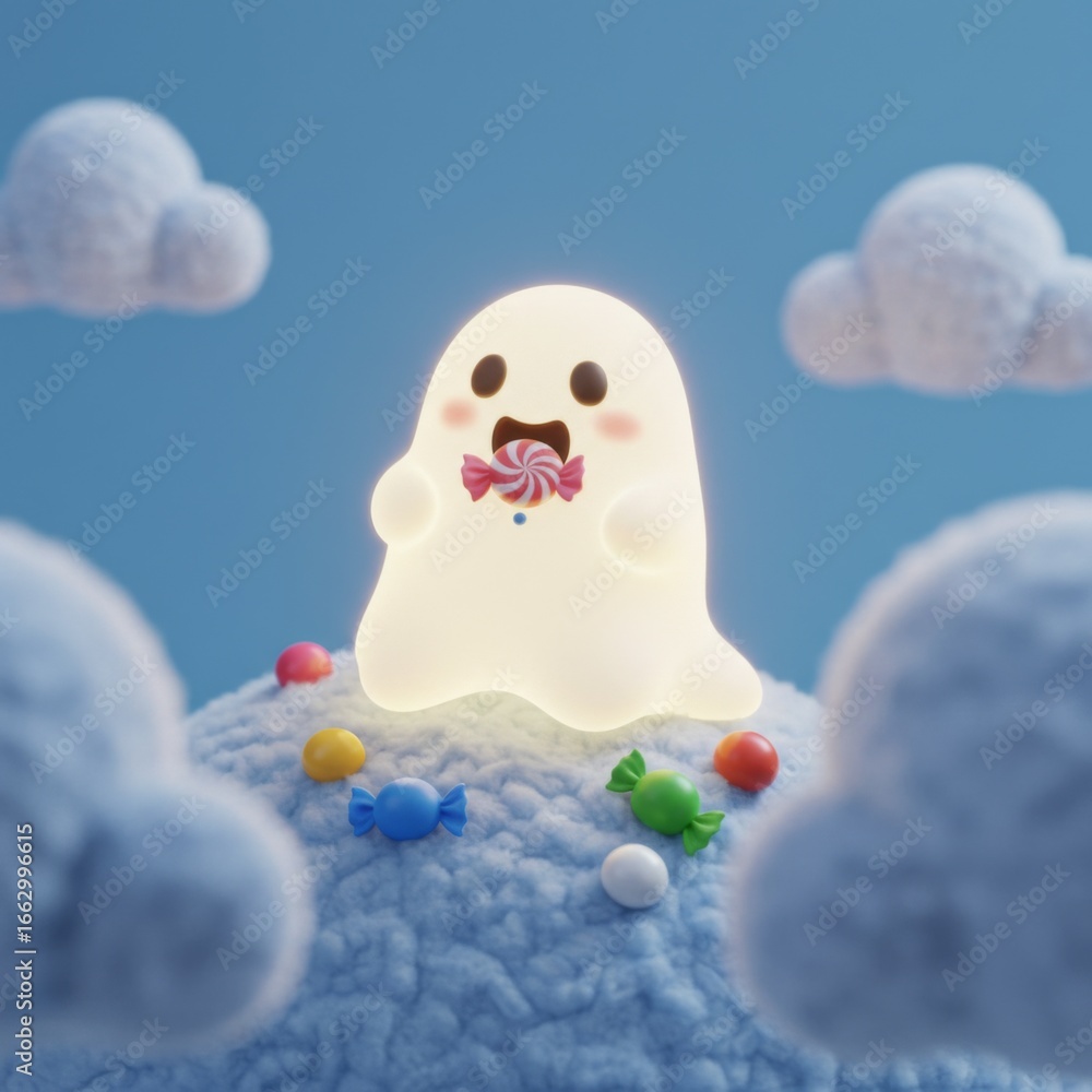 Obraz premium Glowing Ghost Eating a Lollipop on Cloudy Background with Pastel Blue Sky
