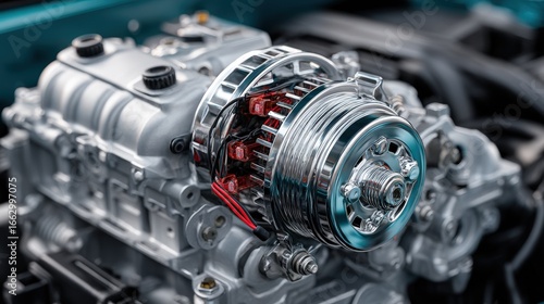 Close-up of a high-performance engine and supercharger parts in an auto workshop