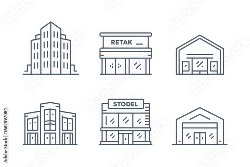 Collection of hand drawn building icons for commercial and residential use