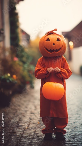 Child in pumpkin costume with treat bag