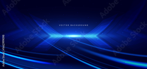 Blue arrow speed movement lines on dark blue background. Hi-speed internet communication.