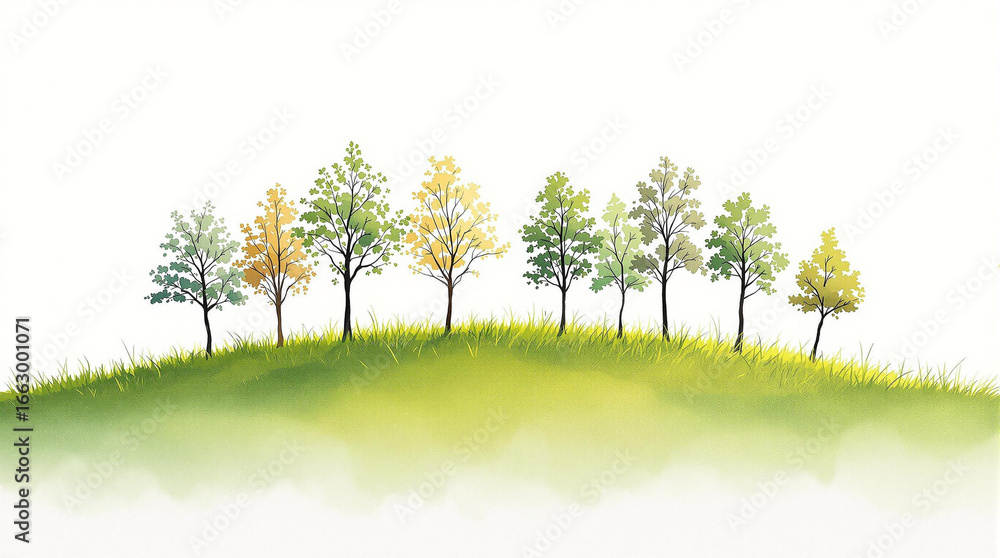 Obraz premium A serene landscape of trees showing changing seasons evoking peace crafted with soft watercolor